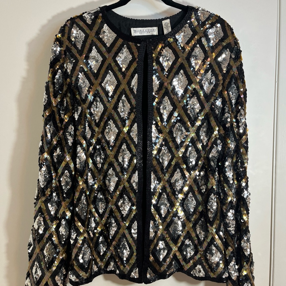 Valerie Stevens Womens Black & Gold Sequin Blazer Cardigan Sz 12 Classy Lux Rich